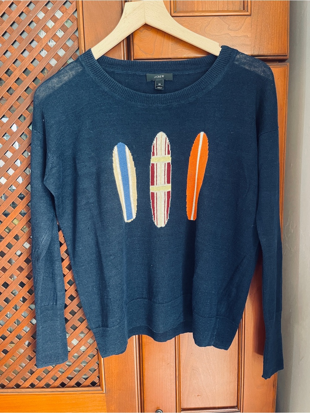 J Crew Vintage Linen Sweater with Surfboards